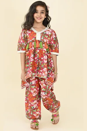 LIL PITAARA Girls Floral Printed Gotta Patti A-Line Pure Cotton Kurti With Salwar