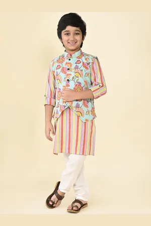 LIL PITAARA Boys Floral Printed Regular Pure Cotton Kurta with Pyjamas With Nehru Jacket