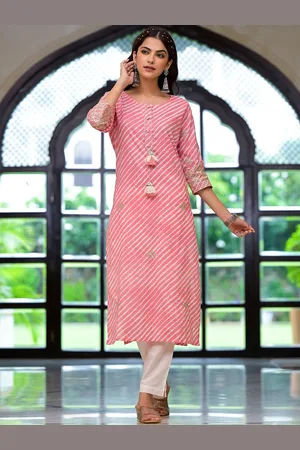 Divena World Leheriya Printed Round Neck Gotta Patti Pure Cotton Regular Straight Kurta