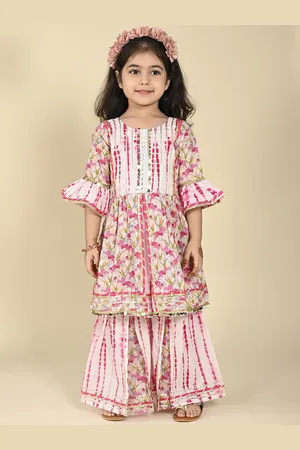 LIL PITAARA Girls Floral Printed Bell Sleeves Pure Cotton Anarkali Kurta with Sharara