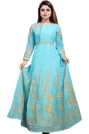 APNISHA Women Teal Floral Embroidered Net Ethnic Maxi Dress