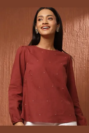 Fabindia Round Neck Embellished Cotton Top