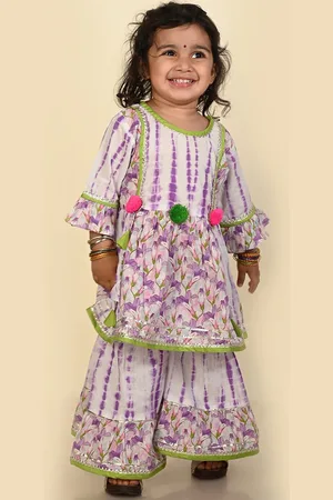 LIL PITAARA Girls Floral Printed Empire Gotta Patti Pure Cotton Kurta With Sharara