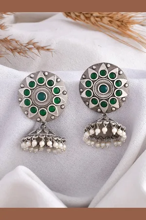 Dastoor Silver-Plated Oxidised Contemporary Jhumkas
