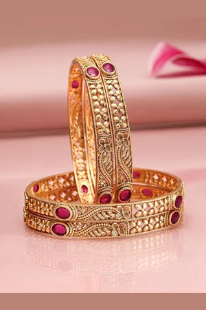 Rubans Set of 4, 22K Gold-Plated Ruby Pink Stone & Traditional Motif Bangles