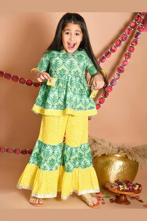LIL PITAARA Girls Green Floral Printed Gotta Patti Pure Cotton Kurti with Sharara