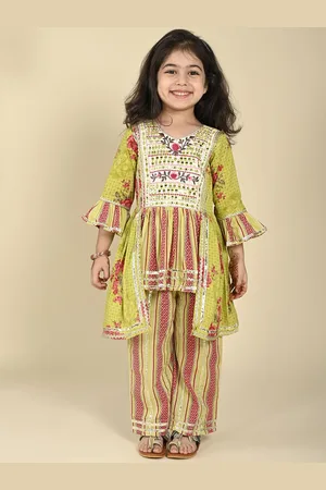 LIL PITAARA Girls Floral Printed Bell Sleeves Pure Cotton Anarkali Kurta with Trousers