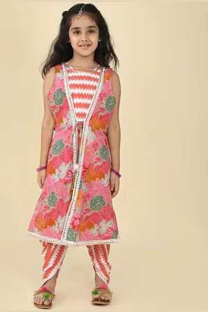 LIL PITAARA Girls Floral Printed Gotta Patti Pure Cotton Straight Top With Dhoti