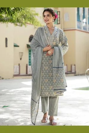 Divena World V-neck Floral Printed Pure Cotton Straight Kurta with Trouser & Dupatta