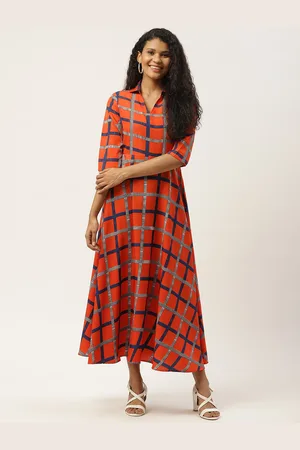 Deewa Women Orange & Navy Blue Checked Shirt Maxi Dress