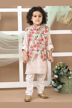 LIL PITAARA Boys Chevron Printed Pure Cotton Kurta With Pyjamas & Nehru Jacket