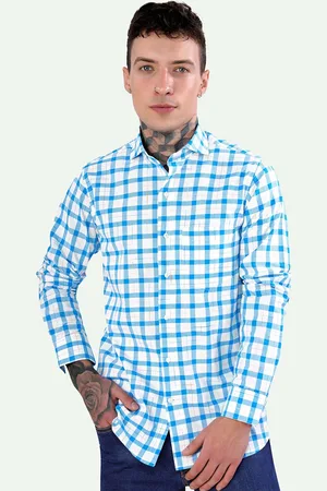 FRENCH CROWN Standard Gingham Checked Spread Collar Chest Pocket Cotton Casual Shirt