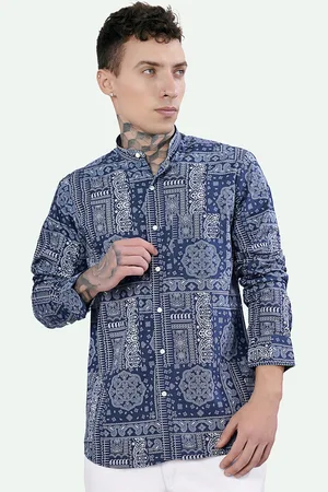FRENCH CROWN Standard Ethnic Motifs Printed Band Collar Cotton Casual Shirt
