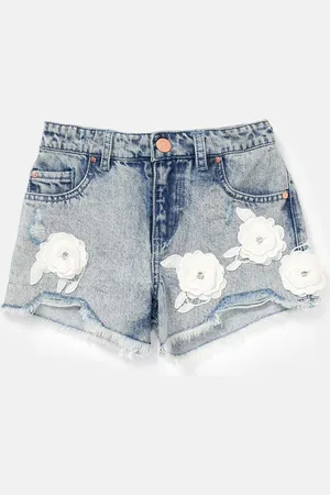 Angel & Rocket Girls Washed Slim Fit Mid-Rise Embellished Cotton Denim Shorts