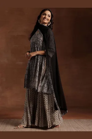 Libas Floral Printed Pleated Pure Cotton A-Line Kurta With Sharara & Dupatta