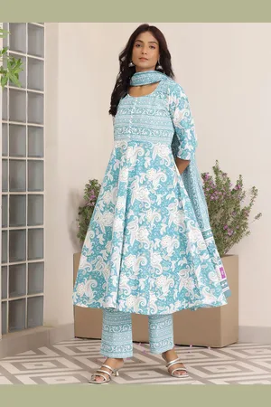 Libas Floral Printed Pure Cotton Anarkali Kurta with Trousers & Dupatta