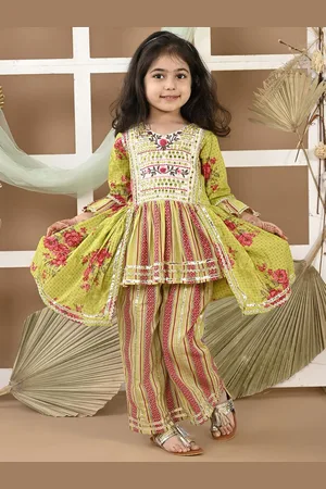 LIL PITAARA Girls Floral Printed V-Neck Pure Cotton Anarkali Kurta with Trousers