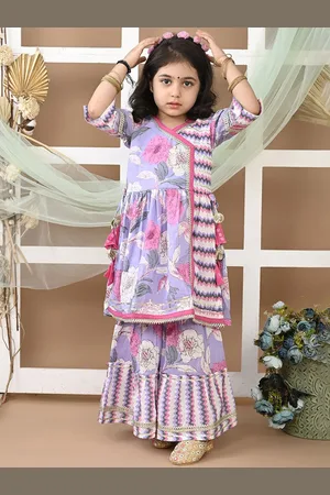 LIL PITAARA Girls Floral Printed V-Neck Pure Cotton Anarkali Kurta with Sharara