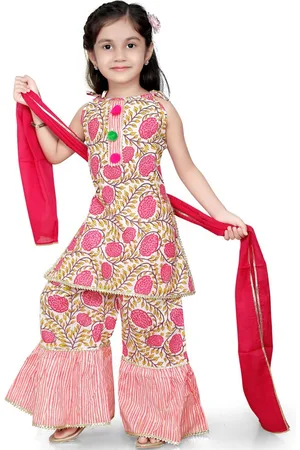 LIL PITAARA Girls Pink Floral Printed Pure Cotton Kurti with Sharara & With Dupatta