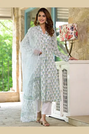 Divena World Floral Printed Pure Cotton Anarkali Kurta With Trousers & Dupatta