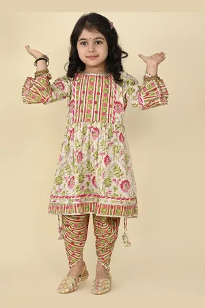 LIL PITAARA Girls Floral Printed Round Neck Bell Sleeves Cotton A-Line Kurta & Dhoti Pants