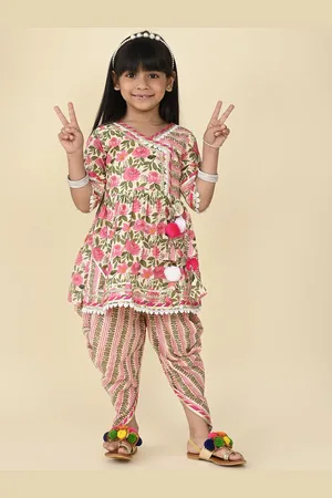 LIL PITAARA Girls Floral Printed Angrakha Gotta Patti Pure Cotton Kurta with Dhoti Pant
