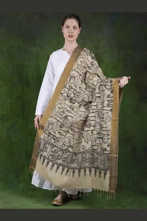 Exotic India Pale Khaki Hand-Painted Lotuses Kalamkari Cotton Dupatta with Zari Border