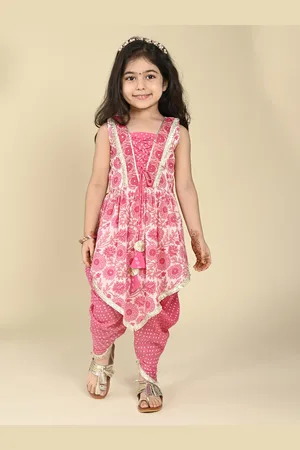 LIL PITAARA Girls Floral Printed Pure Cotton High-Low A-Line Kurta with Dhoti Pants