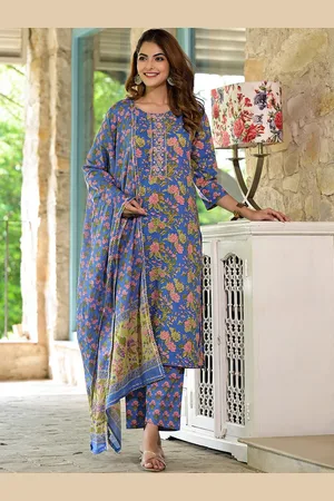 Kalini Floral Printed Gotta Patti Pure Cotton Straight Kurta With Trousers & With Dupatta