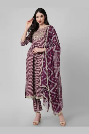 Amayra Chevron Printed Thread Work A-Line Kurta & Trousers with Dupatta