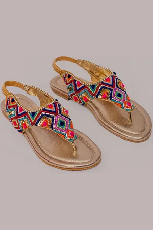 LIL PITAARA Girls Gold-Toned Embellished Leather Ethnic Flats