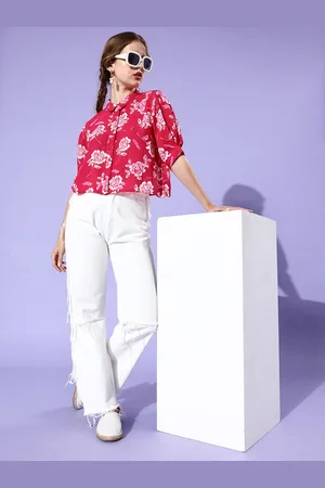 DressBerry Women Pink & White Slim Fit Floral Printed Casual Shirt