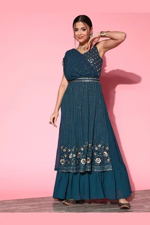 Kvsfab Women Teal Floral Embroidered Georgette Maxi Dress