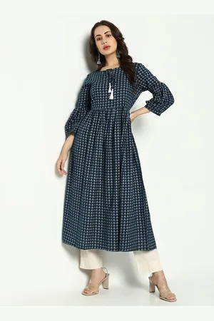 SHOWOFF Ethnic Motifs Printed Tie-Up Neck Bell Sleeves A-Line Midi Dress