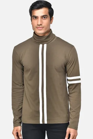 The Dry State Men Olive Green Striped High Neck T-shirt