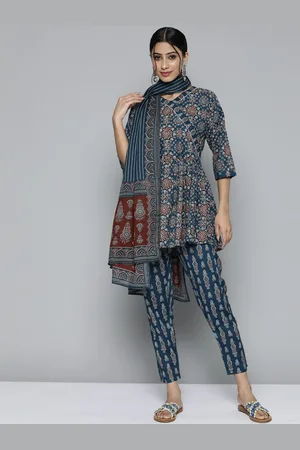 Kvsfab Women Navy Blue Ethnic Motifs Printed Thread Work Pure Cotton Top with Trousers