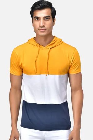 The Dry State Men Yellow & White Colourblocked Hood T-shirt