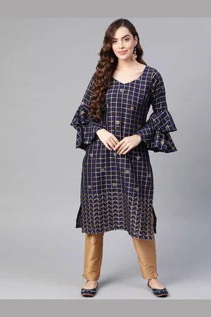 Kalini Checked Screen Printed V-Neck Bell Sleeves Cotton Kurta