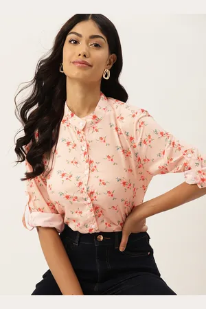 DressBerry Floral Print Mandarin Collar Crepe Shirt Style Top