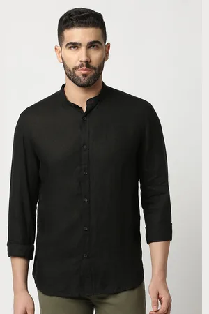 DRAGON HILL Slim Fit Band Collar Long Sleeves Linen Casual Shirt