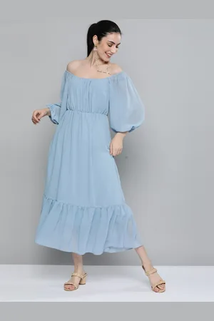 Kvsfab Women Turquoise Blue Off-Shoulder Georgette Midi Dress