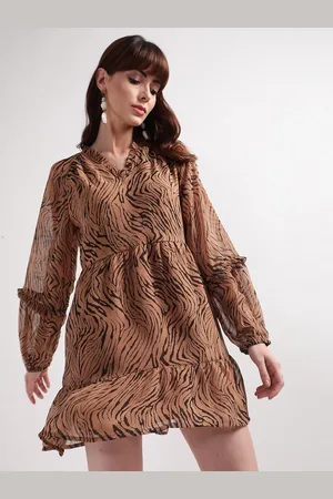 CENTRESTAGE Women Brown & Black Animal Printed A-Line Dress
