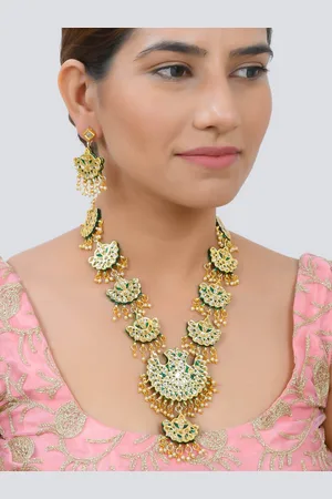 Silvermerc Designs Silvermerc Gold-Plated Green & White Kundan Studded Jewellery Set