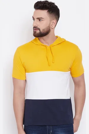 The Dry State Men Mustard Yellow & White Colourblocked Hood T-shirt
