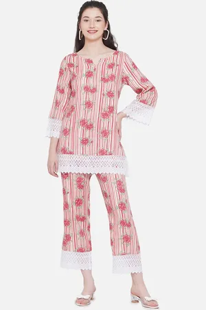 bellamia Floral Printed Lace Inserted Tunic with Trousers