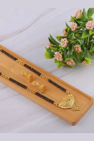 Brandsoon Black Gold-Plated Beaded Mangalsutra With Earrings