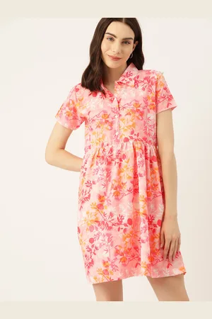 DressBerry Pink Floral Print Crepe Shirt Dress