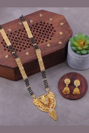 Brandsoon Black Gold-Plated Beaded Mangalsutra With Earring