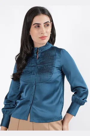 CENTRESTAGE Band Collar Pin Tucks & Ruffled Casual Shirt