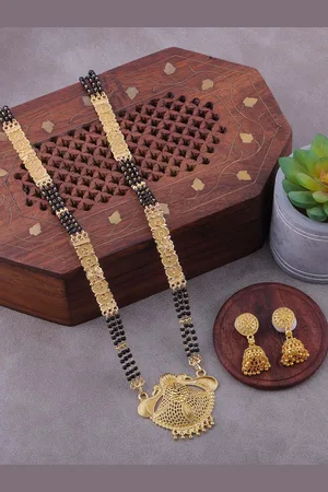 Brandsoon Gold-Plated & Black Beaded Mangalsutra With Earrings